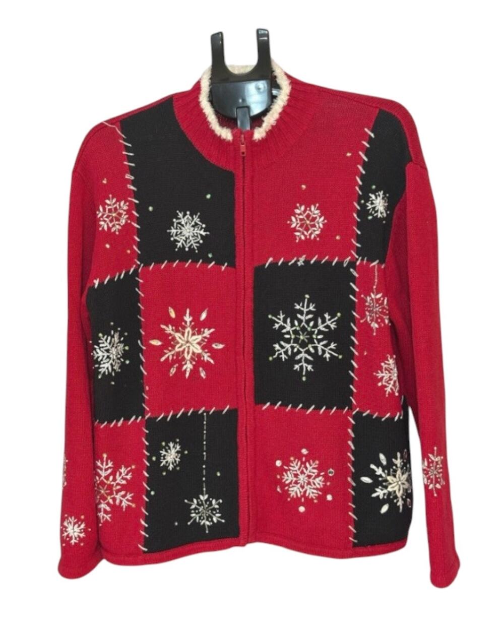 Vintage 2004 Tiara International Christmas Cardigan Snowflake Red Black